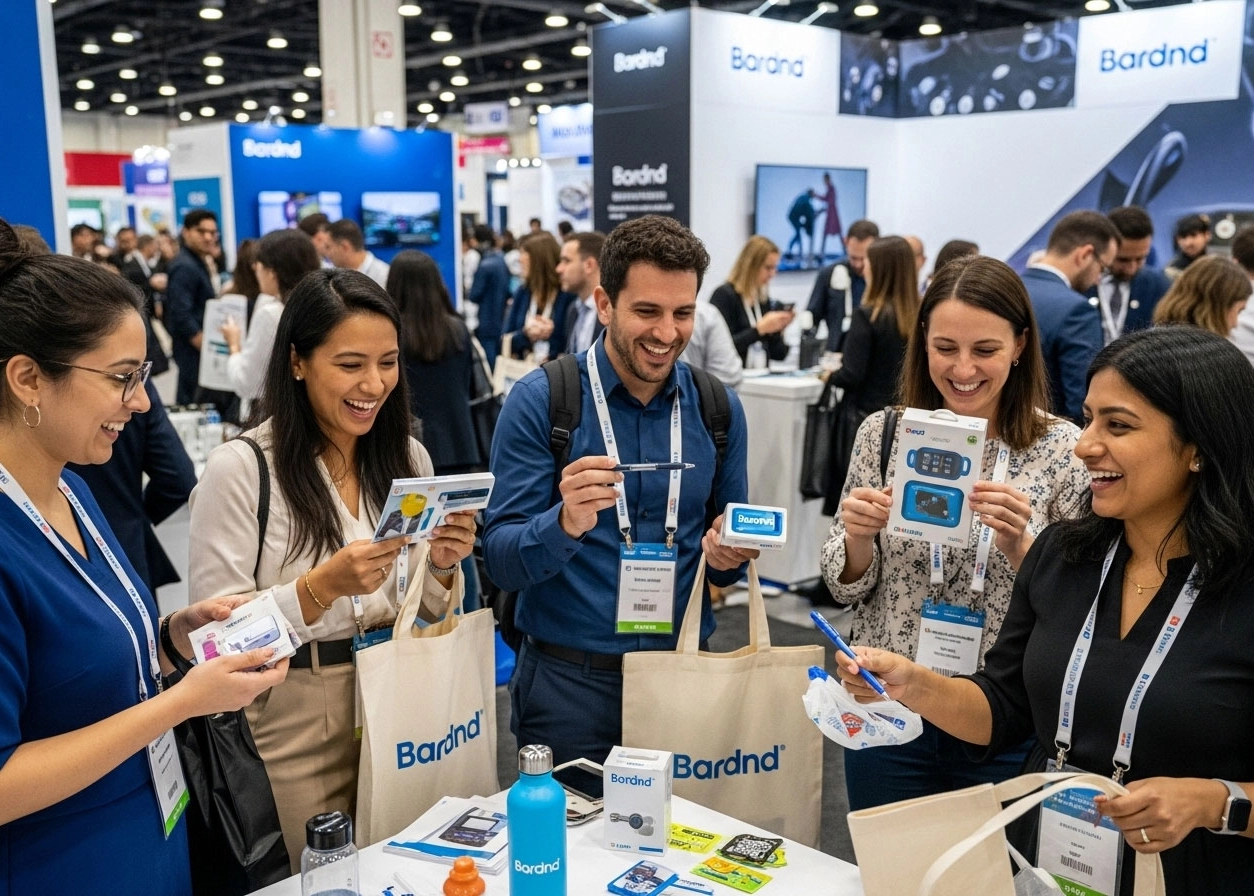 People looking happy receiving tradeshow giveaways