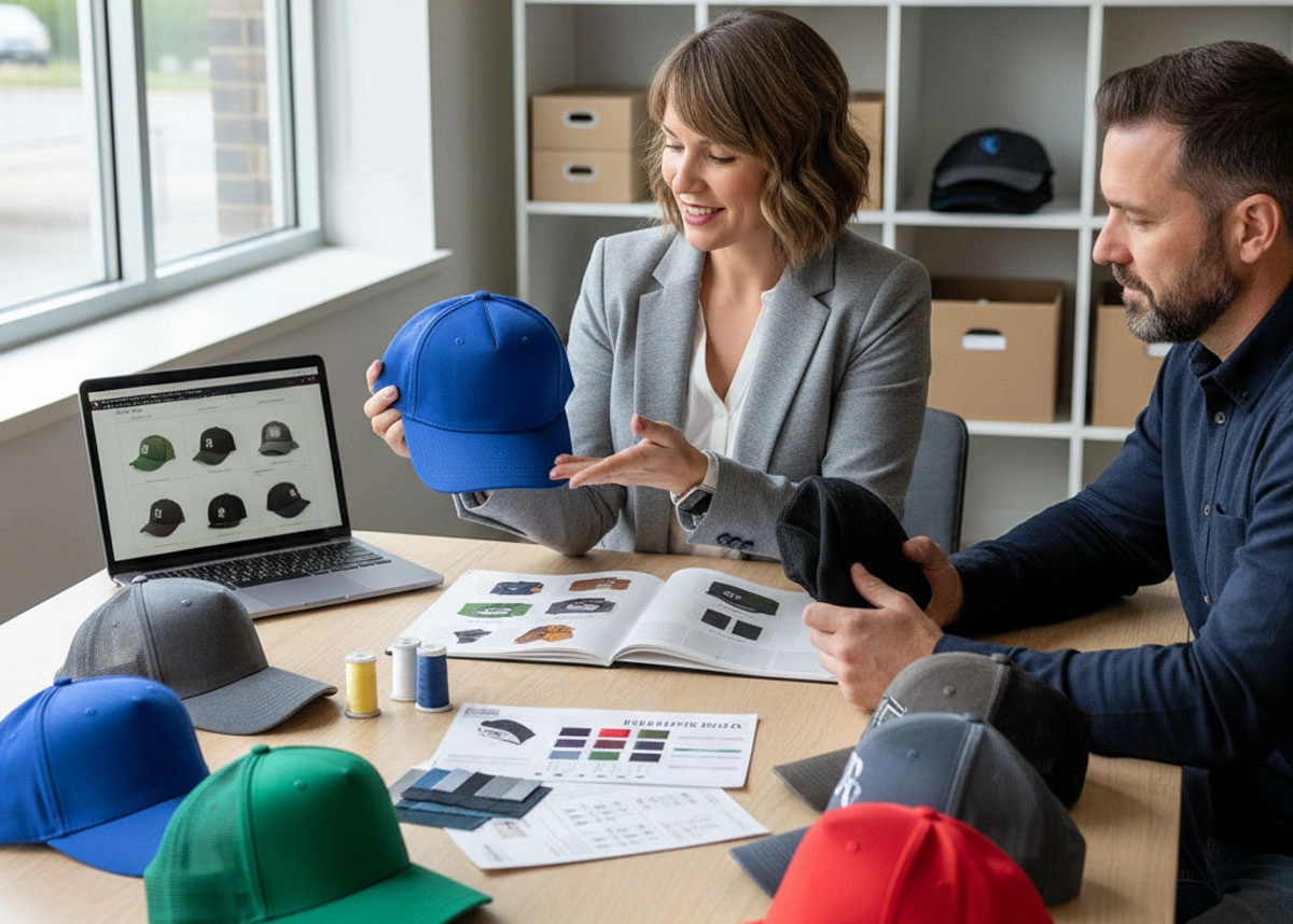 A promotional products distributor educating a client about promo hats: