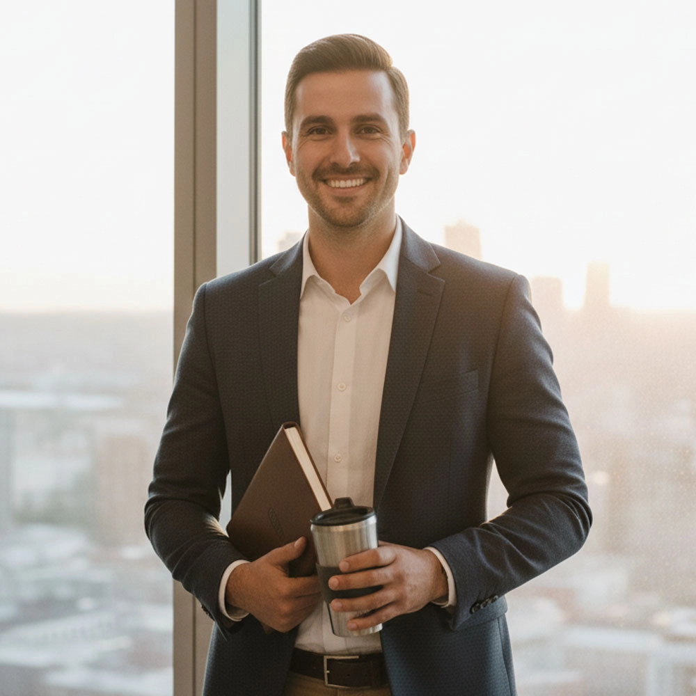 Finance man holding planner and travel mug