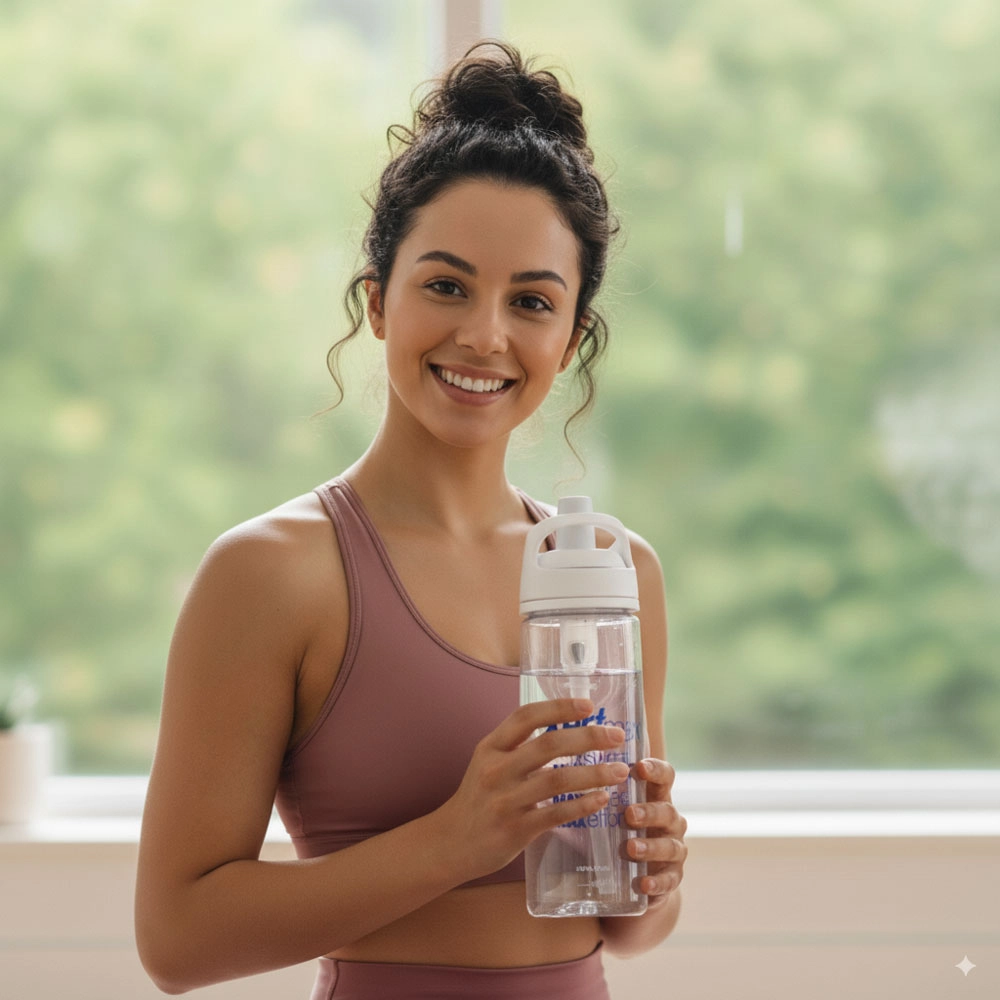 Woman holding waterbottle after yoga