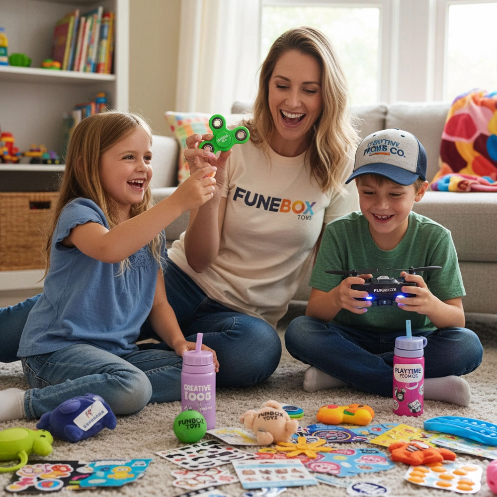 Mom kids playing with promotional toys