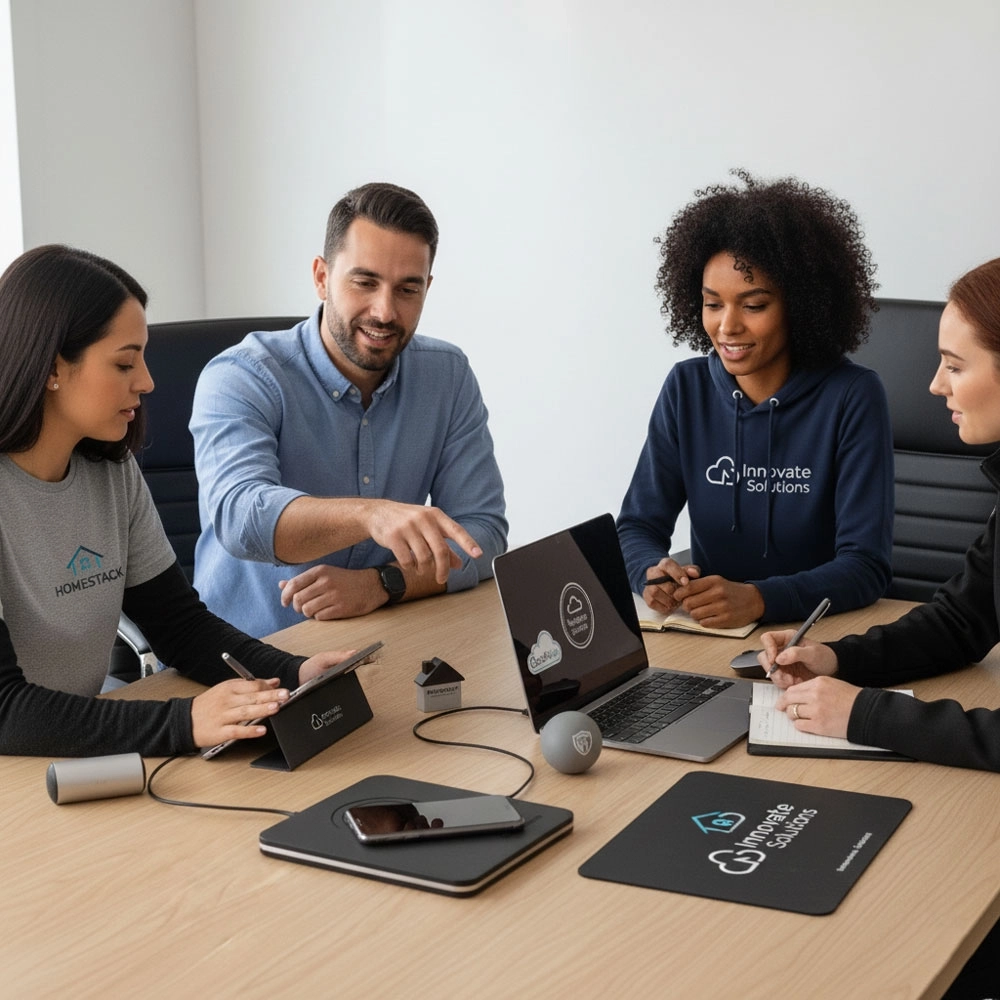 Office workers using branded tech accessories