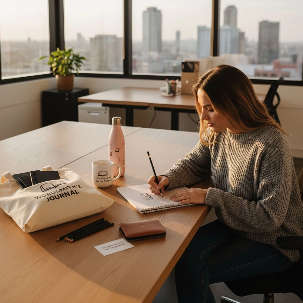 Woman writing in journal at work